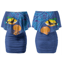 Hawaiian Funny Fruits Sea Animals Couples Matching Off Shoulder Short Dress and Hawaiian Shirt Mango Reef Triggerfish and Pineapple Turtle and Mandarin Jellyfish