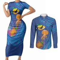 Hawaiian Funny Fruits Sea Animals Couples Matching Short Sleeve Bodycon Dress and Long Sleeve Button Shirt Mango Reef Triggerfish and Pineapple Turtle and Mandarin Jellyfish LT03 Blue - Polynesian Pride