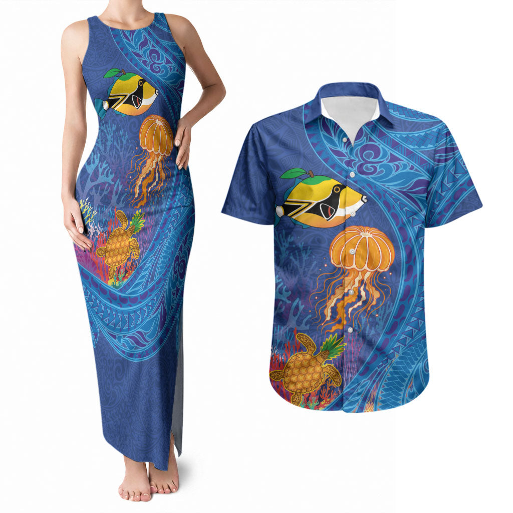 Hawaiian Funny Fruits Sea Animals Couples Matching Tank Maxi Dress and Hawaiian Shirt Mango Reef Triggerfish and Pineapple Turtle and Mandarin Jellyfish LT03 Blue - Polynesian Pride