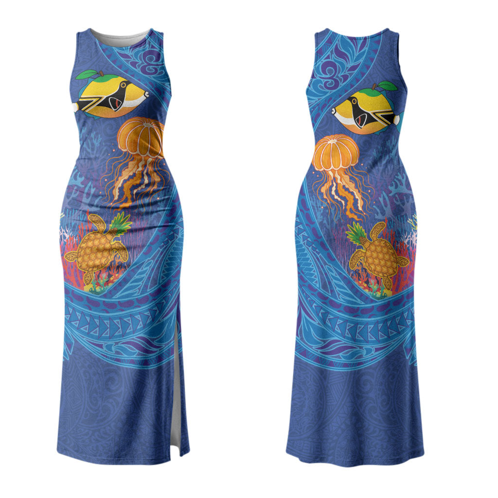 Hawaiian Funny Fruits Sea Animals Couples Matching Tank Maxi Dress and Hawaiian Shirt Mango Reef Triggerfish and Pineapple Turtle and Mandarin Jellyfish LT03 - Polynesian Pride