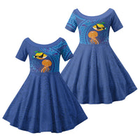 Hawaiian Funny Fruits Sea Animals Family Matching Mermaid Dress and Hawaiian Shirt Mango Reef Triggerfish and Pineapple Turtle and Mandarin Jellyfish LT03 Daughter's Dress Blue - Polynesian Pride