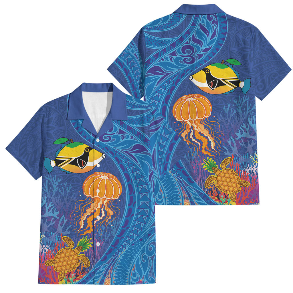 Hawaiian Funny Fruits Sea Animals Family Matching Summer Maxi Dress and Hawaiian Shirt Mango Reef Triggerfish and Pineapple Turtle and Mandarin Jellyfish LT03 Dad's Shirt - Short Sleeve Blue - Polynesian Pride