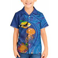 Hawaiian Funny Fruits Sea Animals Kid Hawaiian Shirt Mango Reef Triggerfish and Pineapple Turtle and Mandarin Jellyfish LT03 Kid Blue - Polynesian Pride