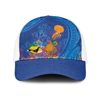 Hawaiian Funny Fruits Sea Animals Mesh Trucker Cap Mango Reef Triggerfish and Pineapple Turtle and Mandarin Jellyfish LT03 One Size White Blue - Polynesian Pride