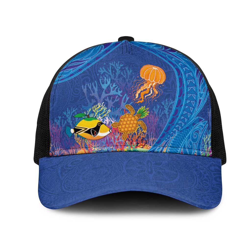 Hawaiian Funny Fruits Sea Animals Mesh Trucker Cap Mango Reef Triggerfish and Pineapple Turtle and Mandarin Jellyfish LT03 One Size Black Blue - Polynesian Pride
