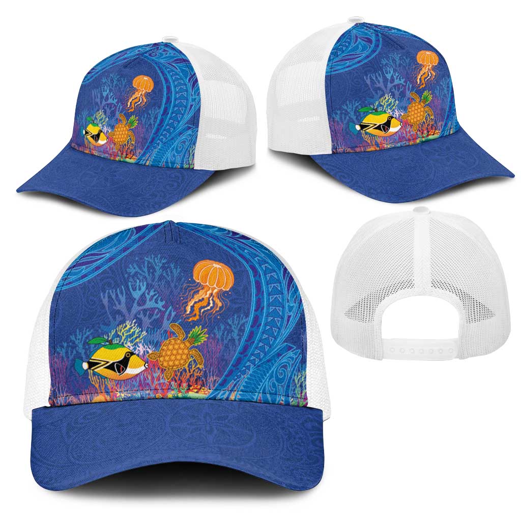 Hawaiian Funny Fruits Sea Animals Mesh Trucker Cap Mango Reef Triggerfish and Pineapple Turtle and Mandarin Jellyfish LT03 - Polynesian Pride