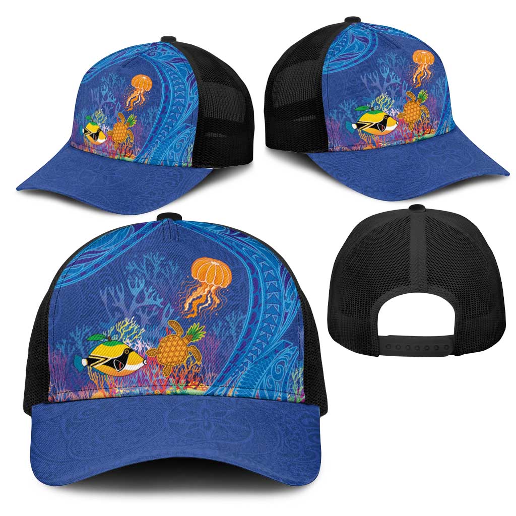 Hawaiian Funny Fruits Sea Animals Mesh Trucker Cap Mango Reef Triggerfish and Pineapple Turtle and Mandarin Jellyfish LT03 - Polynesian Pride
