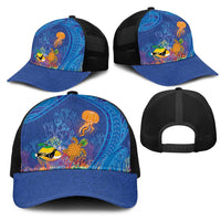 Hawaiian Funny Fruits Sea Animals Mesh Trucker Cap Mango Reef Triggerfish and Pineapple Turtle and Mandarin Jellyfish LT03 - Polynesian Pride