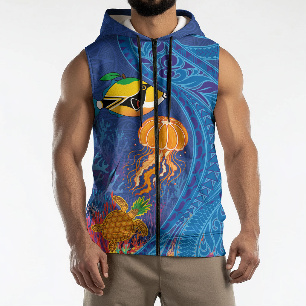 Hawaiian Funny Fruits Sea Animals Sleeveless Zip Hoodie Mango Reef Triggerfish and Pineapple Turtle and Mandarin Jellyfish LT03 - Polynesian Pride