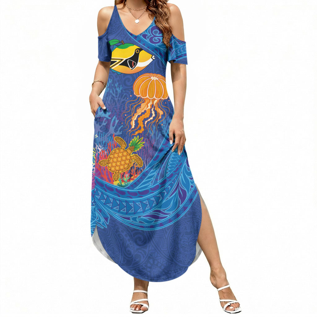 Hawaiian Funny Fruits Sea Animals Summer Maxi Dress Mango Reef Triggerfish and Pineapple Turtle and Mandarin Jellyfish