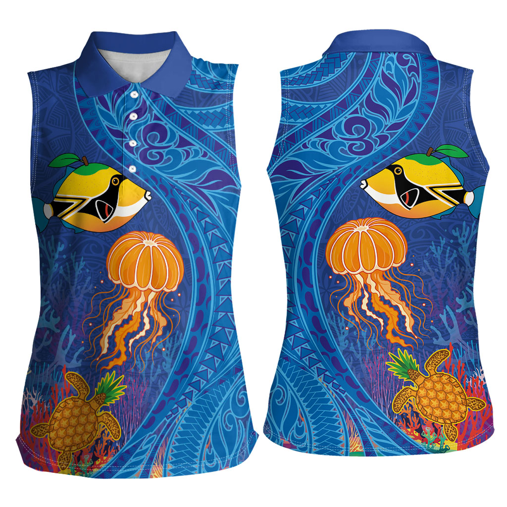 Hawaiian Funny Fruits Sea Animals Women Sleeveless Polo Shirt Mango Reef Triggerfish and Pineapple Turtle and Mandarin Jellyfish LT03 - Polynesian Pride