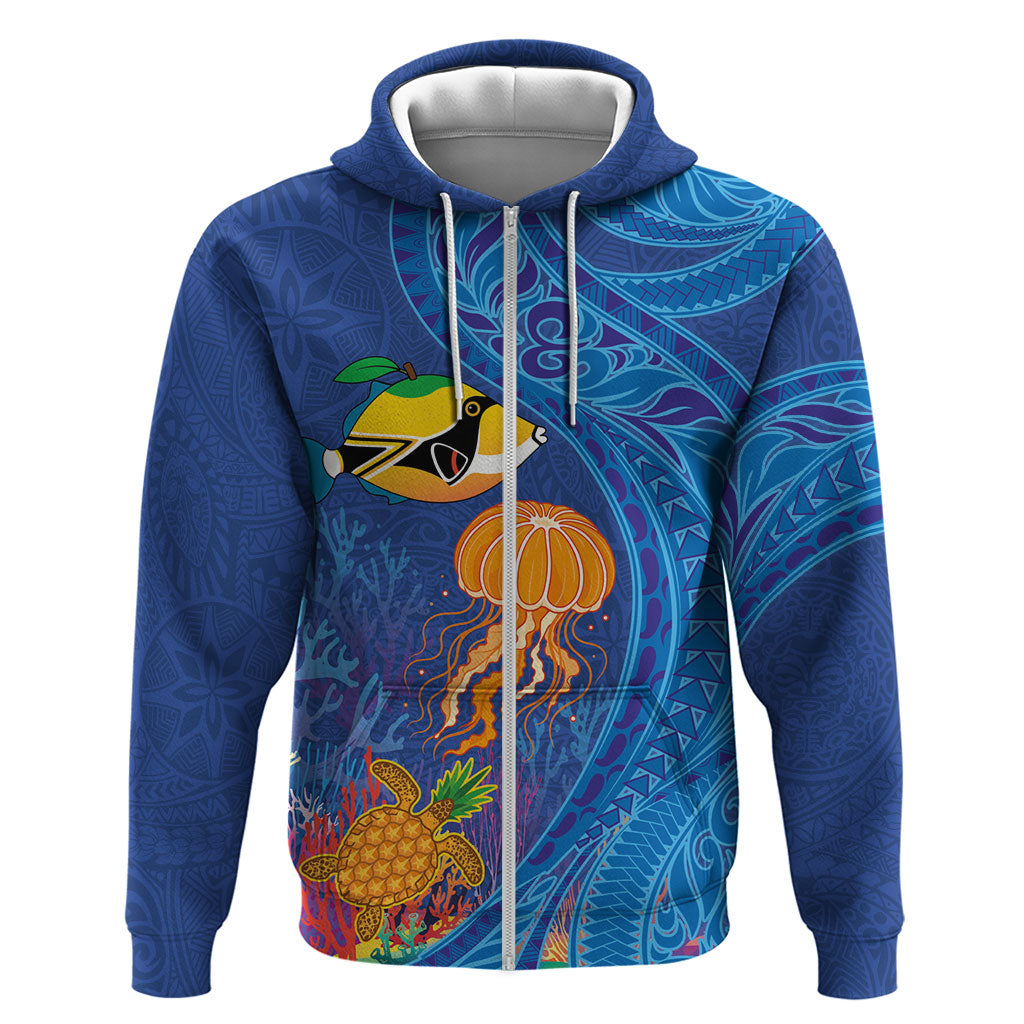Hawaiian Funny Fruits Sea Animals Zip Hoodie Mango Reef Triggerfish and Pineapple Turtle and Mandarin Jellyfish LT03 Zip Hoodie Blue - Polynesian Pride