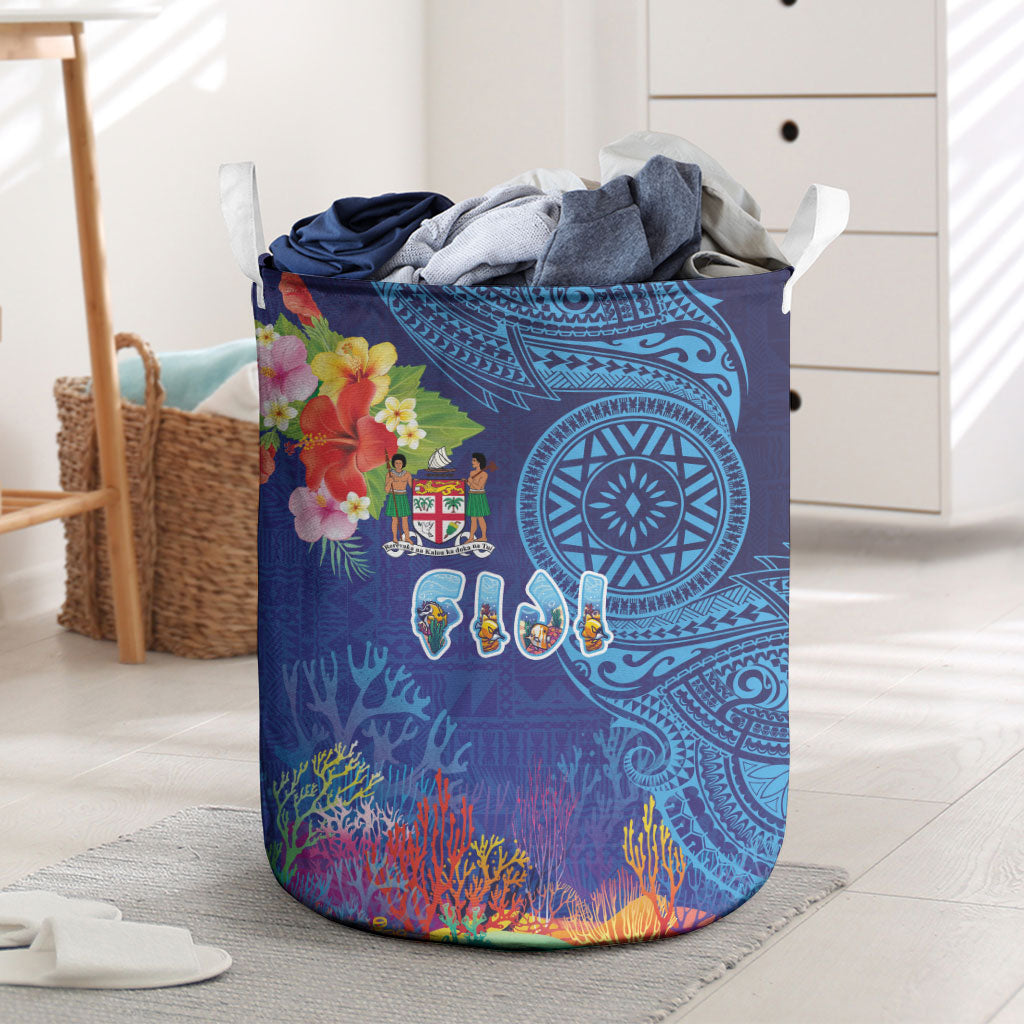 Fiji Day Laundry Basket Coral Reef with Tapa Motifs and Hibiscus Ocean Vibe LT03 Blue - Polynesian Pride