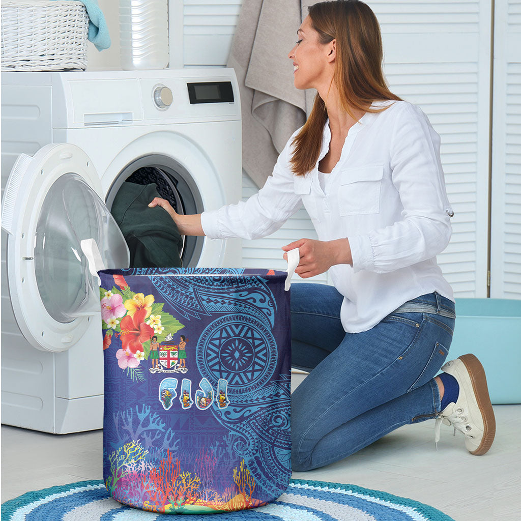 Fiji Day Laundry Basket Coral Reef with Tapa Motifs and Hibiscus Ocean Vibe LT03 - Polynesian Pride