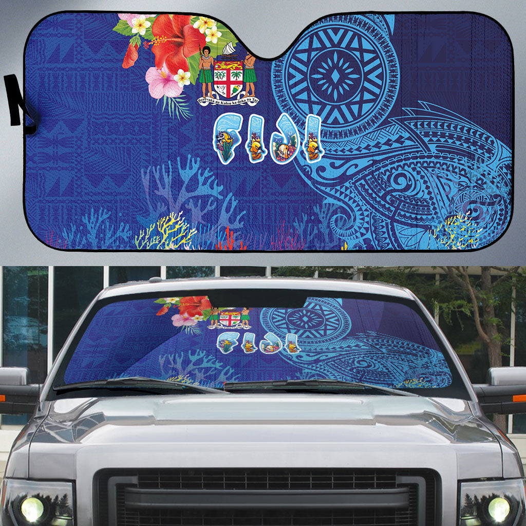 Fiji Day Auto Sun Shade Coral Reef with Tapa Motifs and Hibiscus Ocean Vibe LT03 Blue - Polynesian Pride