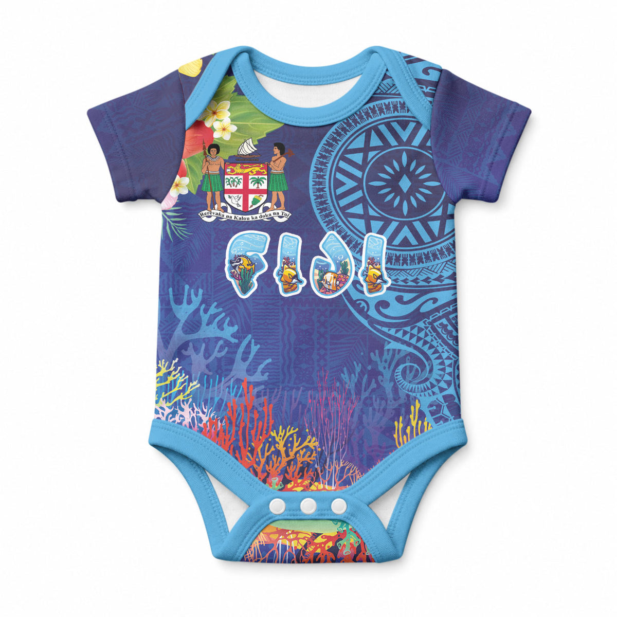 Fiji Day Baby Onesie Coral Reef with Tapa Motifs and Hibiscus Ocean Vibe