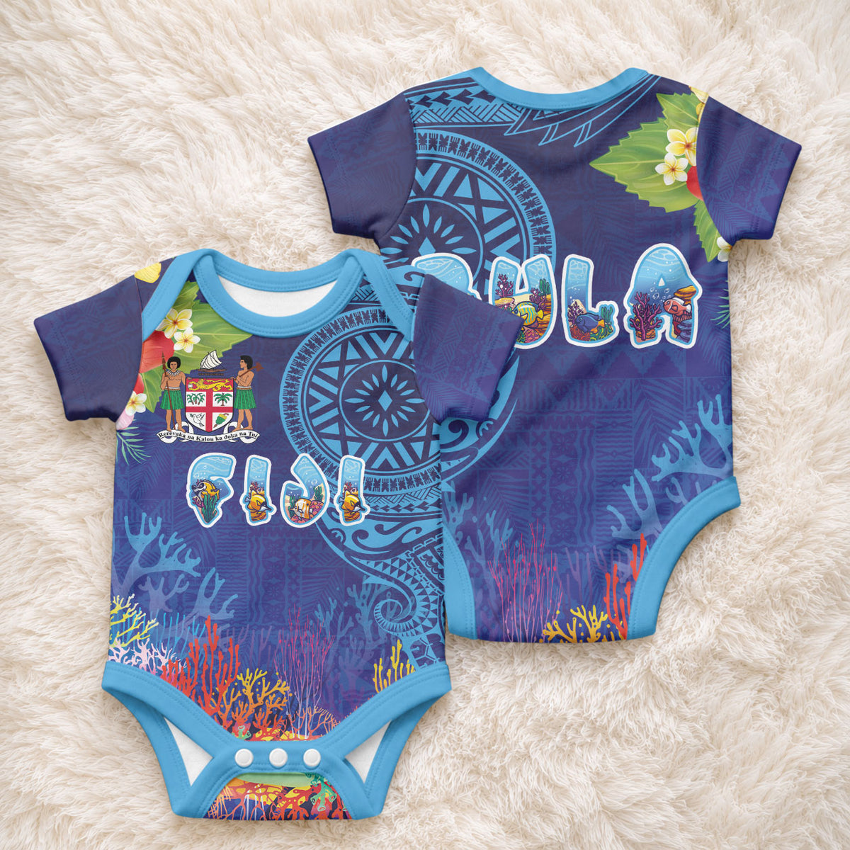 Fiji Day Baby Onesie Coral Reef with Tapa Motifs and Hibiscus Ocean Vibe
