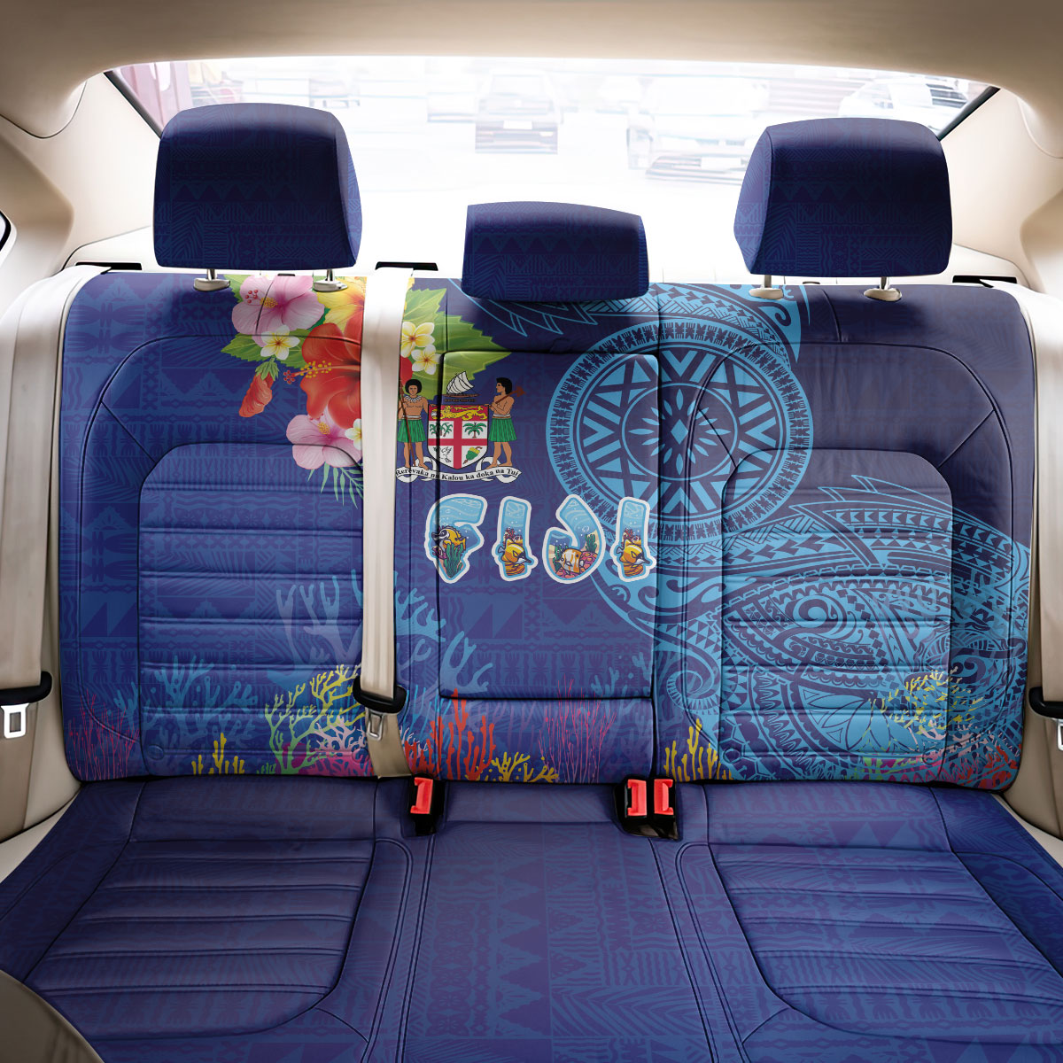 Fiji Day Back Car Seat Cover Coral Reef with Tapa Motifs and Hibiscus Ocean Vibe LT03 - Polynesian Pride