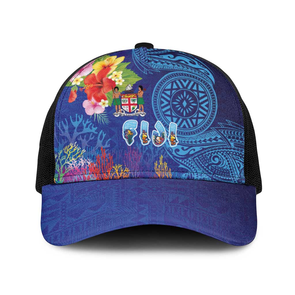 Fiji Day Baseball Net Cap Coral Reef with Tapa Motifs and Hibiscus Ocean Vibe LT03 One Size Black Blue - Polynesian Pride