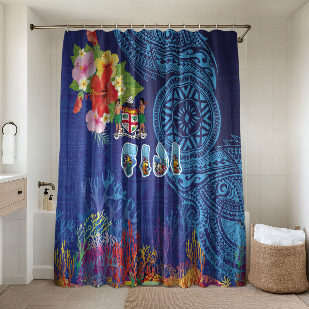 Fiji Day Bathroom Set Coral Reef with Tapa Motifs and Hibiscus Ocean Vibe LT03 Shower Curtain Only Blue - Polynesian Pride