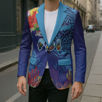 Fiji Day Blazer Coral Reef with Tapa Motifs and Hibiscus Ocean Vibe LT03 - Polynesian Pride