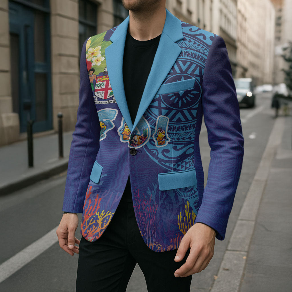 Fiji Day Blazer Coral Reef with Tapa Motifs and Hibiscus Ocean Vibe LT03 - Polynesian Pride