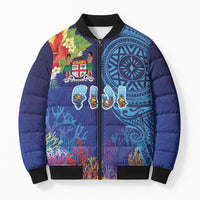 Fiji Day Bomber Puffer Jacket Coral Reef with Tapa Motifs and Hibiscus Ocean Vibe LT03 Unisex Blue - Polynesian Pride