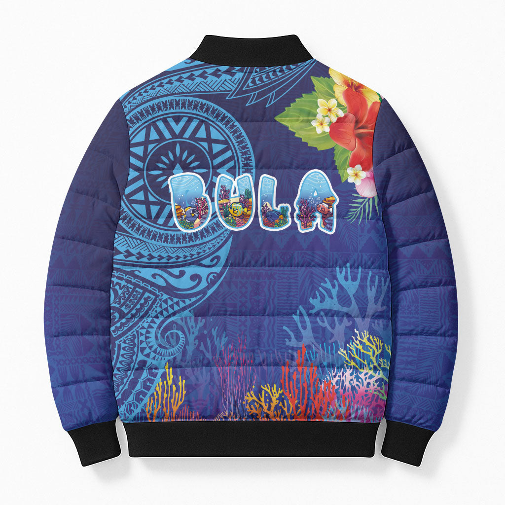 Fiji Day Bomber Puffer Jacket Coral Reef with Tapa Motifs and Hibiscus Ocean Vibe LT03 - Polynesian Pride