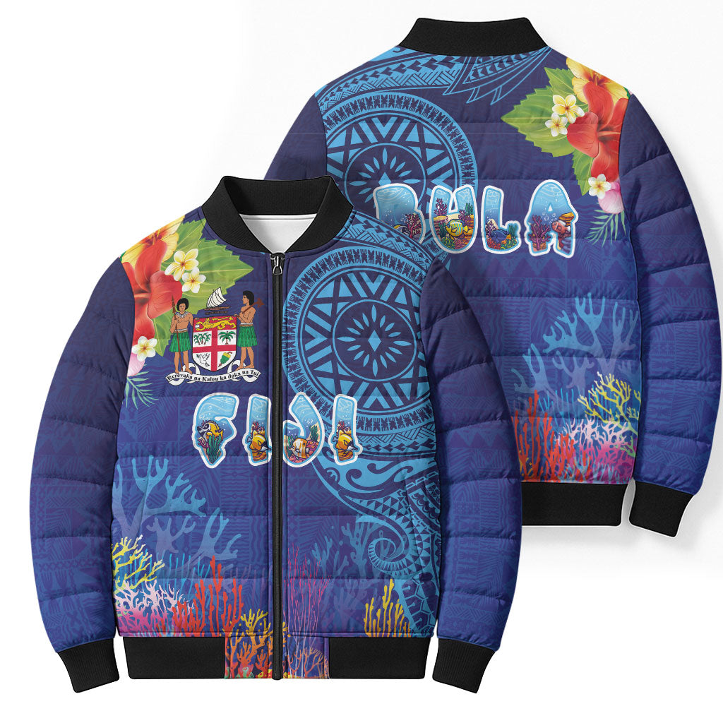 Fiji Day Bomber Puffer Jacket Coral Reef with Tapa Motifs and Hibiscus Ocean Vibe LT03 - Polynesian Pride