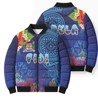 Fiji Day Bomber Puffer Jacket Coral Reef with Tapa Motifs and Hibiscus Ocean Vibe LT03 - Polynesian Pride