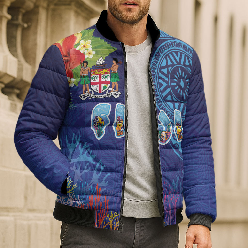 Fiji Day Bomber Puffer Jacket Coral Reef with Tapa Motifs and Hibiscus Ocean Vibe LT03 - Polynesian Pride