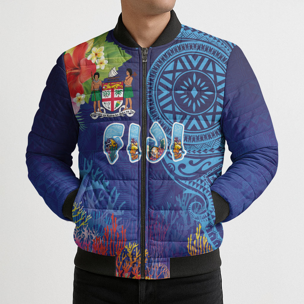 Fiji Day Bomber Puffer Jacket Coral Reef with Tapa Motifs and Hibiscus Ocean Vibe LT03 - Polynesian Pride