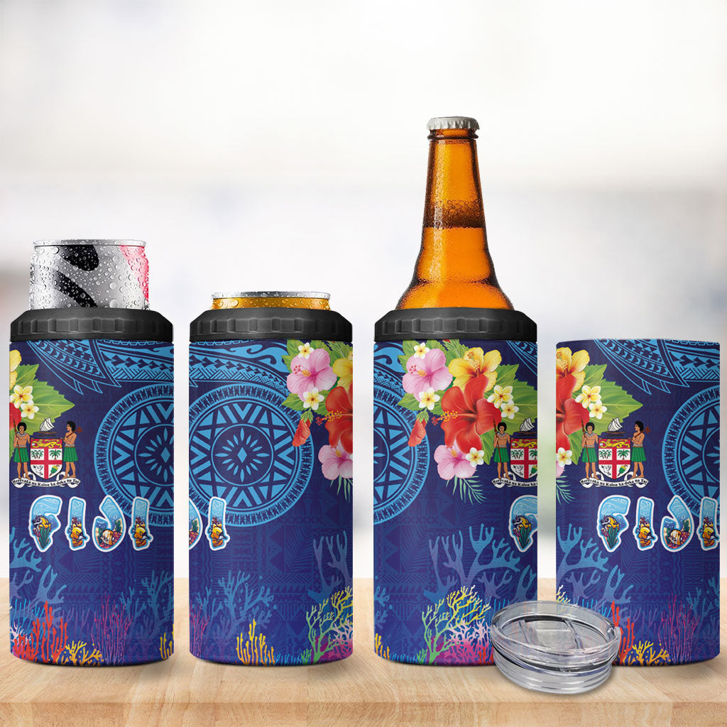 Fiji Day 4 in 1 Can Cooler Tumbler Coral Reef with Tapa Motifs and Hibiscus Ocean Vibe LT03 - Polynesian Pride