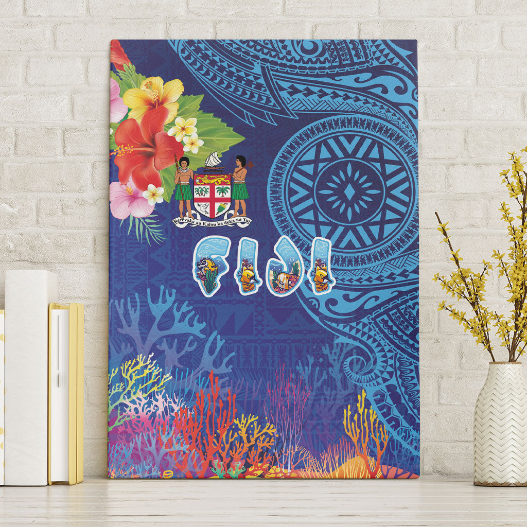 Fiji Day Canvas Wall Art Coral Reef with Tapa Motifs and Hibiscus Ocean Vibe LT03 Without Frame Blue - Polynesian Pride