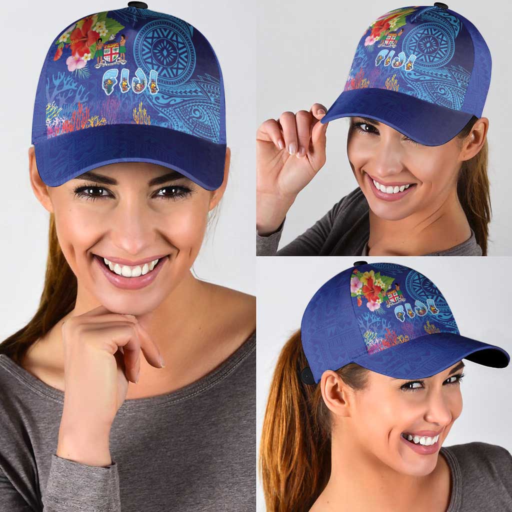Fiji Day Classic Cap Coral Reef with Tapa Motifs and Hibiscus Ocean Vibe LT03 - Polynesian Pride