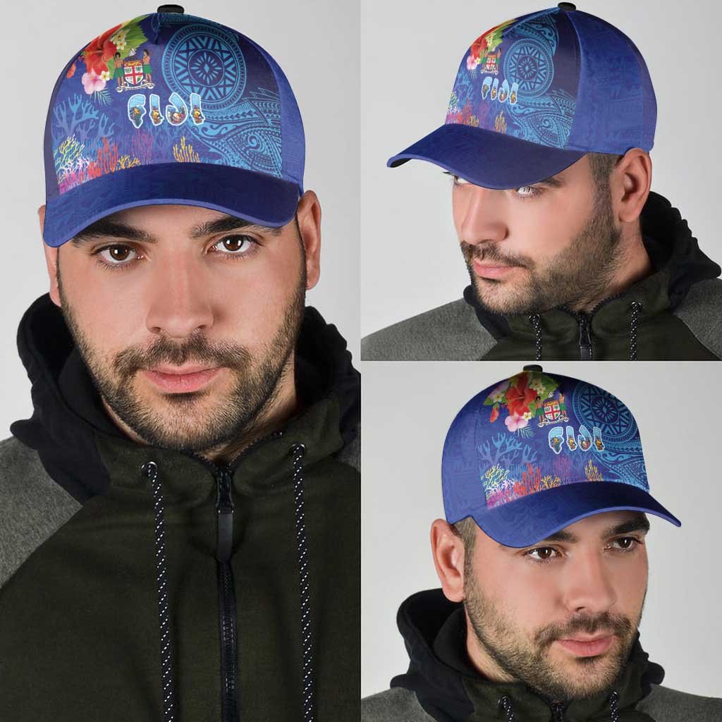 Fiji Day Classic Cap Coral Reef with Tapa Motifs and Hibiscus Ocean Vibe LT03 - Polynesian Pride