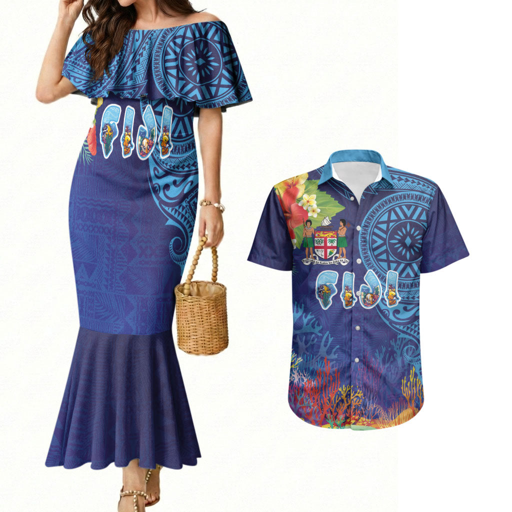 Fiji Day Couples Matching Mermaid Dress and Hawaiian Shirt Coral Reef with Tapa Motifs and Hibiscus Ocean Vibe LT03 Blue - Polynesian Pride