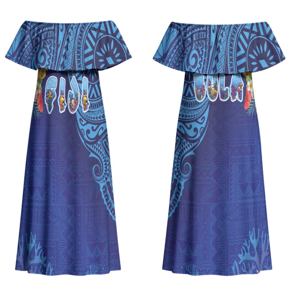 Fiji Day Couples Matching Off Shoulder Maxi Dress and Hawaiian Shirt Coral Reef with Tapa Motifs and Hibiscus Ocean Vibe LT03 - Polynesian Pride