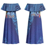 Fiji Day Couples Matching Off Shoulder Maxi Dress and Hawaiian Shirt Coral Reef with Tapa Motifs and Hibiscus Ocean Vibe LT03 - Polynesian Pride