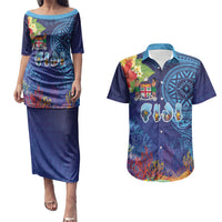 Fiji Day Couples Matching Puletasi and Hawaiian Shirt Coral Reef with Tapa Motifs and Hibiscus Ocean Vibe LT03 Blue - Polynesian Pride