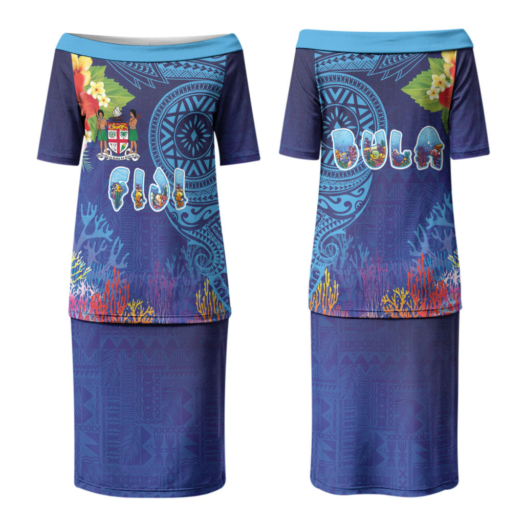 Fiji Day Couples Matching Puletasi and Hawaiian Shirt Coral Reef with Tapa Motifs and Hibiscus Ocean Vibe LT03 - Polynesian Pride