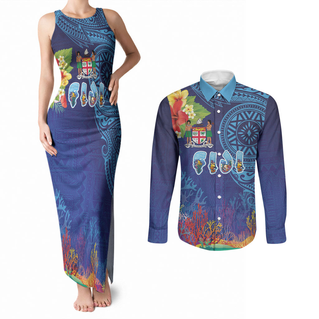 Fiji Day Couples Matching Tank Maxi Dress and Long Sleeve Button Shirt Coral Reef with Tapa Motifs and Hibiscus Ocean Vibe LT03 Blue - Polynesian Pride