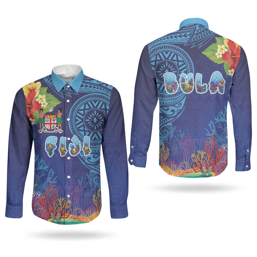 Fiji Day Couples Matching Tank Maxi Dress and Long Sleeve Button Shirt Coral Reef with Tapa Motifs and Hibiscus Ocean Vibe LT03 - Polynesian Pride