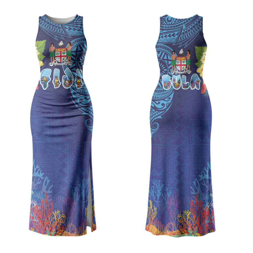 Fiji Day Couples Matching Tank Maxi Dress and Long Sleeve Button Shirt Coral Reef with Tapa Motifs and Hibiscus Ocean Vibe LT03 - Polynesian Pride