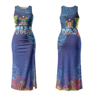 Fiji Day Couples Matching Tank Maxi Dress and Long Sleeve Button Shirt Coral Reef with Tapa Motifs and Hibiscus Ocean Vibe LT03 - Polynesian Pride