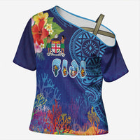Fiji Day Cross Shoulder Shirt Coral Reef with Tapa Motifs and Hibiscus Ocean Vibe LT03 Female Blue - Polynesian Pride