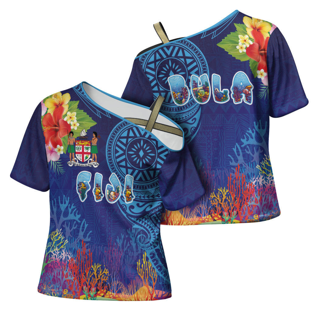 Fiji Day Cross Shoulder Shirt Coral Reef with Tapa Motifs and Hibiscus Ocean Vibe LT03 - Polynesian Pride