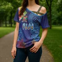Fiji Day Cross Shoulder Shirt Coral Reef with Tapa Motifs and Hibiscus Ocean Vibe LT03 - Polynesian Pride