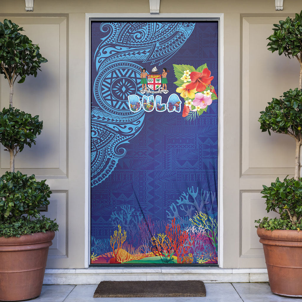 Fiji Day Door Cover Coral Reef with Tapa Motifs and Hibiscus Ocean Vibe LT03 Blue - Polynesian Pride