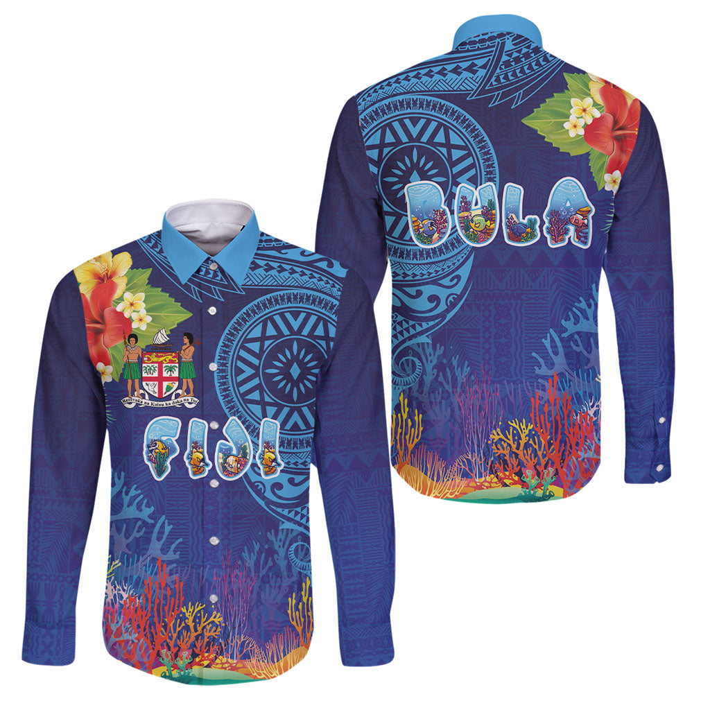Fiji Day Family Matching Long Sleeve Bodycon Dress and Hawaiian Shirt Coral Reef with Tapa Motifs and Hibiscus Ocean Vibe LT03 Dad's Shirt - Long Sleeve Blue - Polynesian Pride